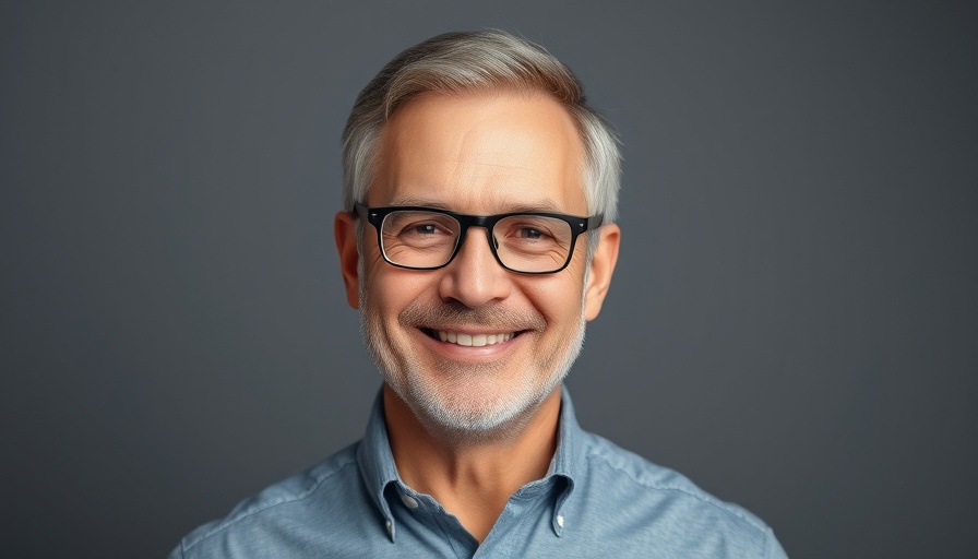 Smiling middle-aged man with glasses promoting long life foods