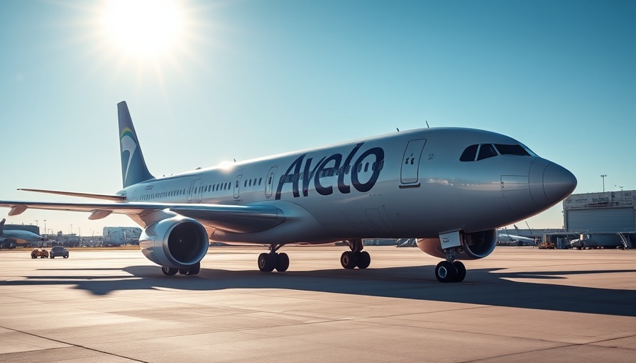 Avelo Airlines plane on tarmac under bright sky