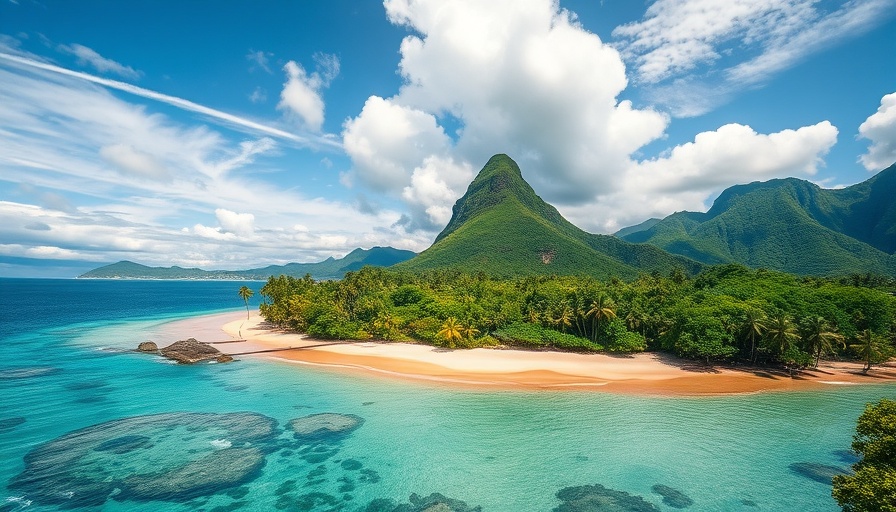 Tropical paradise beach with lush greenery and turquoise water, Travel Destinations.