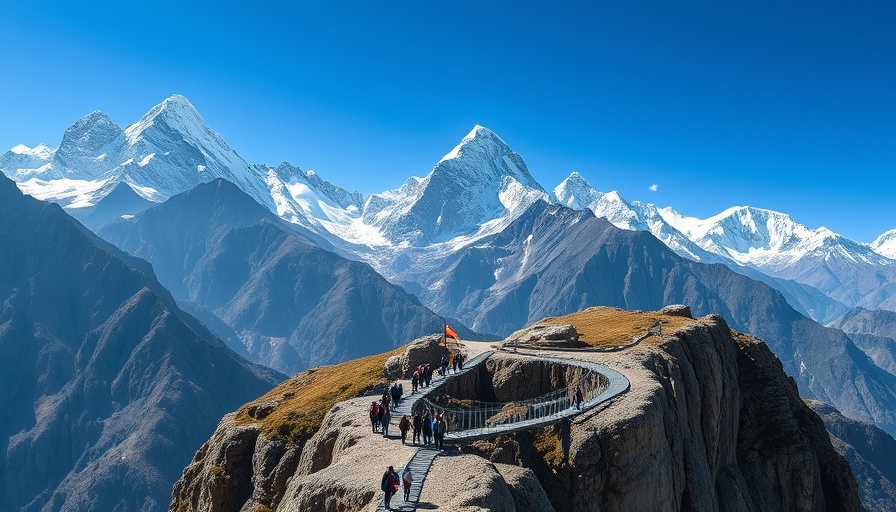Scenic view of mountains with a suspension bridge in Asia.