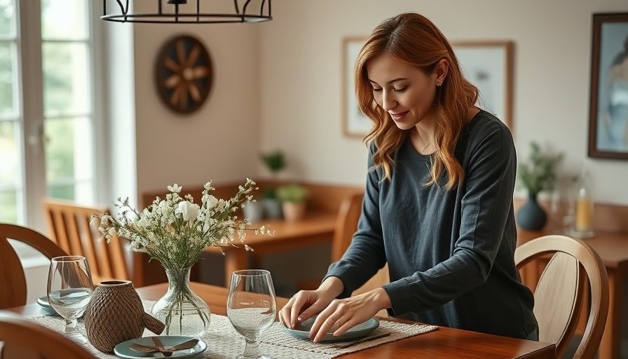 Thoughtful woman arranging dining table in cozy setting.