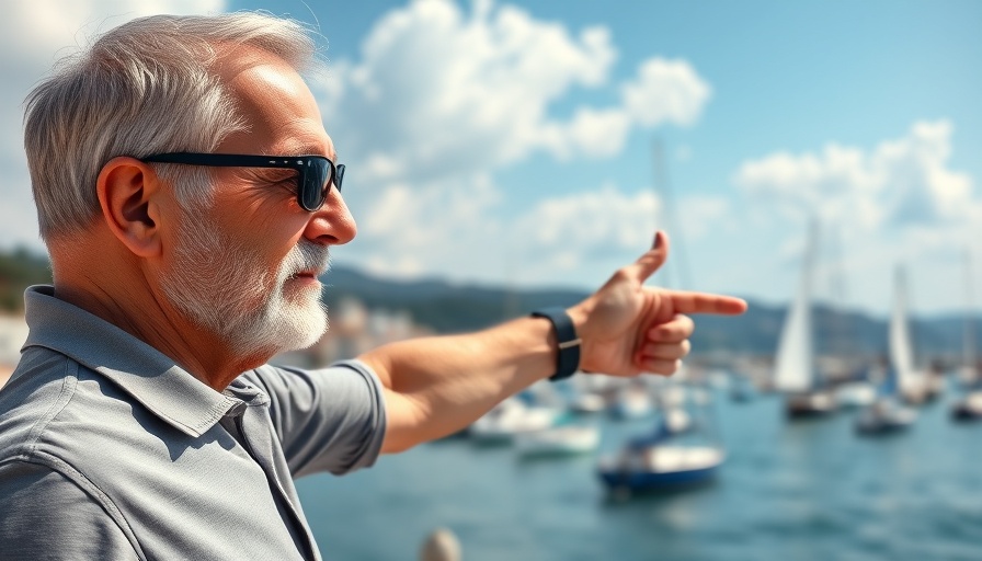 RV Travel: Man pointing at scenic harbor in Acadia with sailboats.