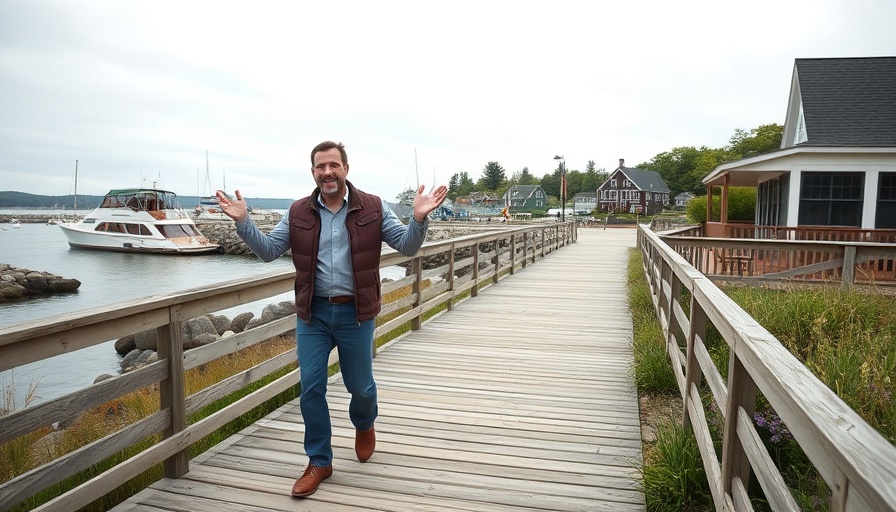 Man enjoying RV travel in Boothbay Harbor on boardwalk with peaceful harbor view.