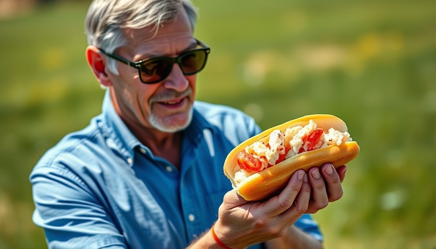 Classic New England lobster roll held by a man outdoors