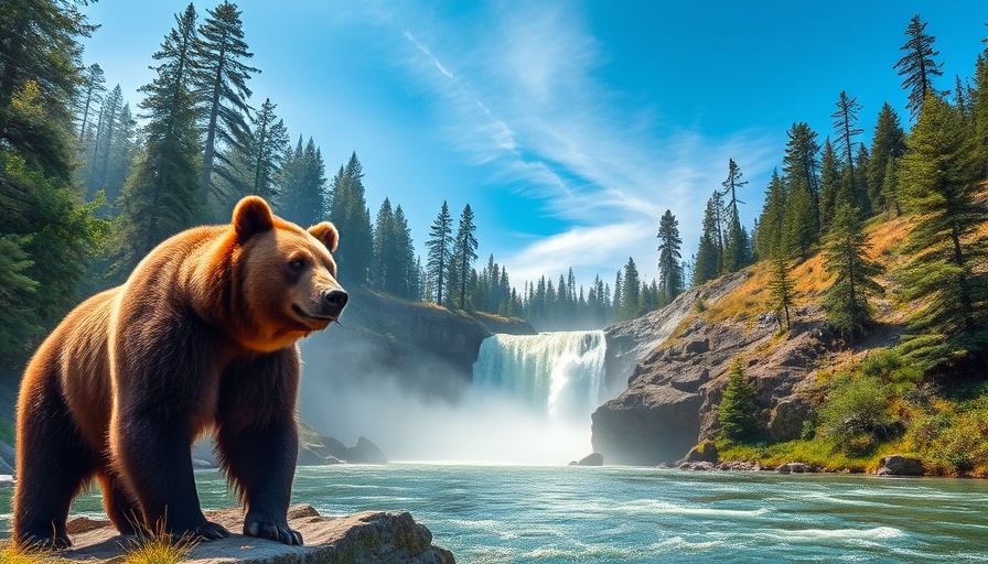 Majestic Alaskan landscape with bear by waterfall, vibrant nature scene.