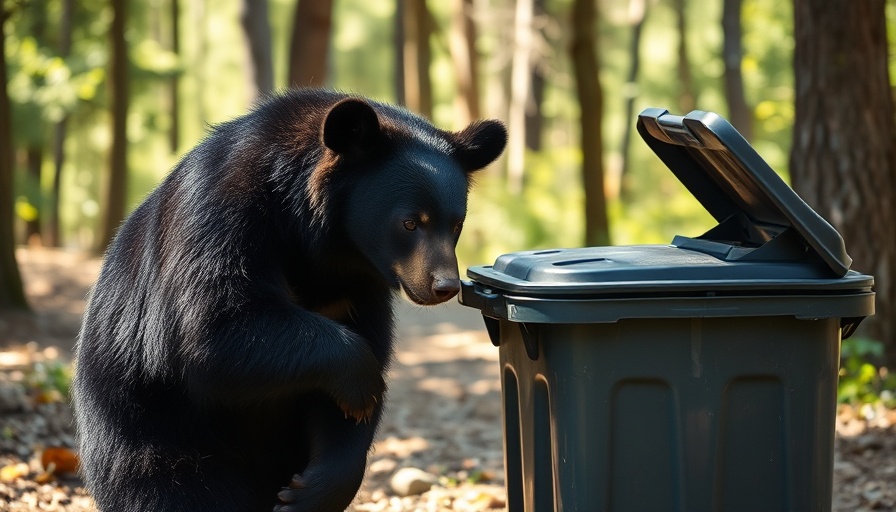 Florida bear exploring trash can in forest setting during daylight.