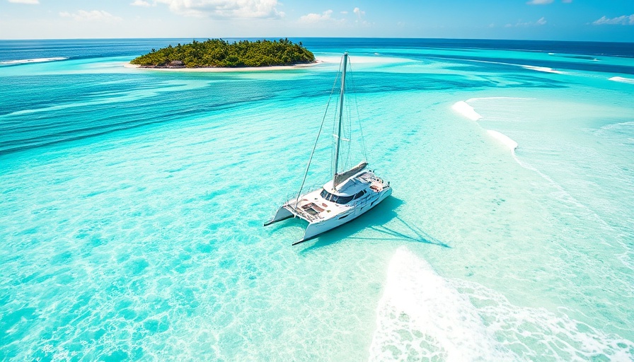 Stunning travel destination with white beach and catamaran.