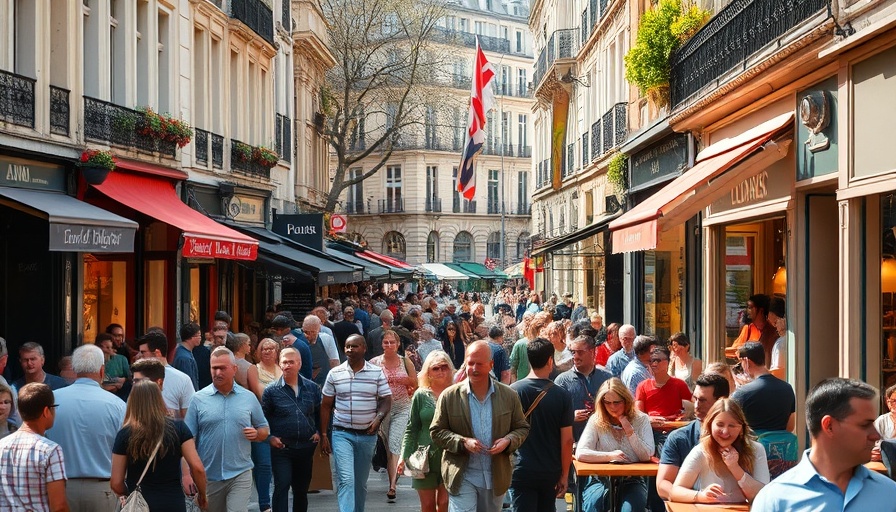 Energetic Paris street scene with outdoor cafes, best things to do in Paris France 2025.