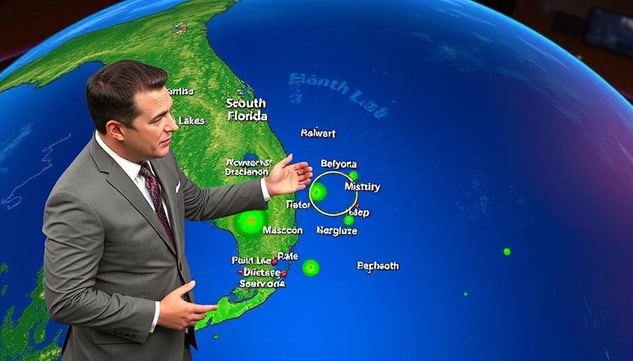 Weather presenter explaining radar on screen, South Florida cities visible.