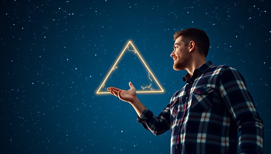 Man pointing at Super Spring Triangle constellation in starry sky.