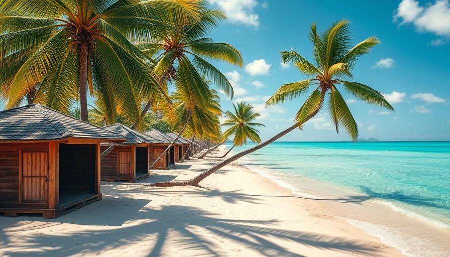 Scenic Views of tropical beach with wooden huts and palm trees under bright sun.
