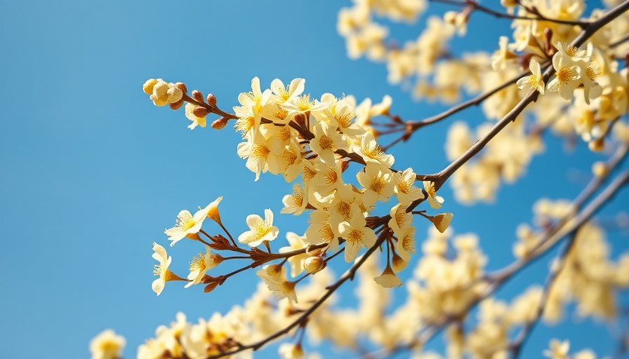 Blooming tree branches with yellow flowers against blue sky, spiritual spring cleaning.