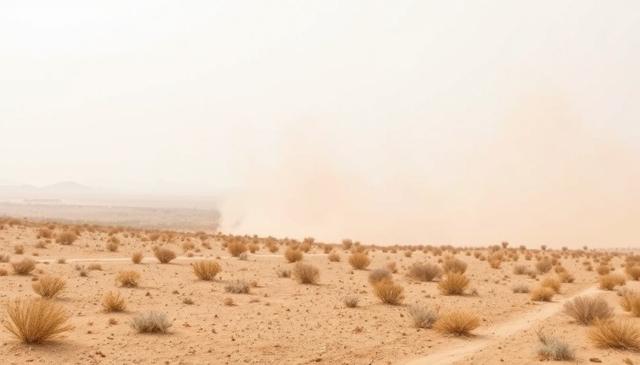 Dust storm in New Mexico landscape with dry vegetation.