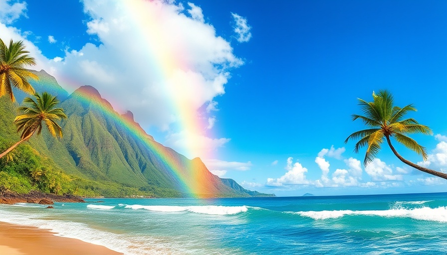 Scenic views of Hawaii with rainbow and ocean waves