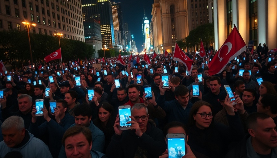 Crowd holds phones and flags in nighttime protest in Turkey
