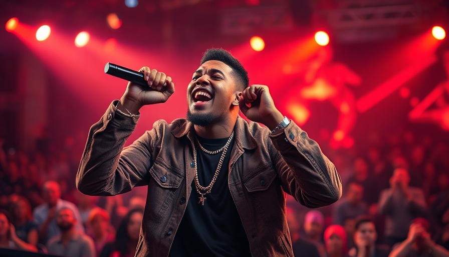 Energetic rapper on stage, vibrant concert backdrop with colorful lighting.