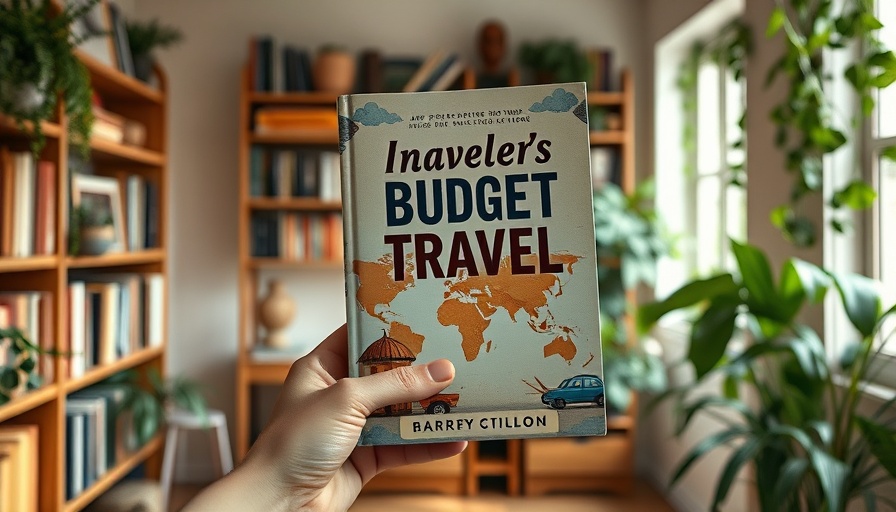 Hand holding a budget travel book in a cozy room with books.
