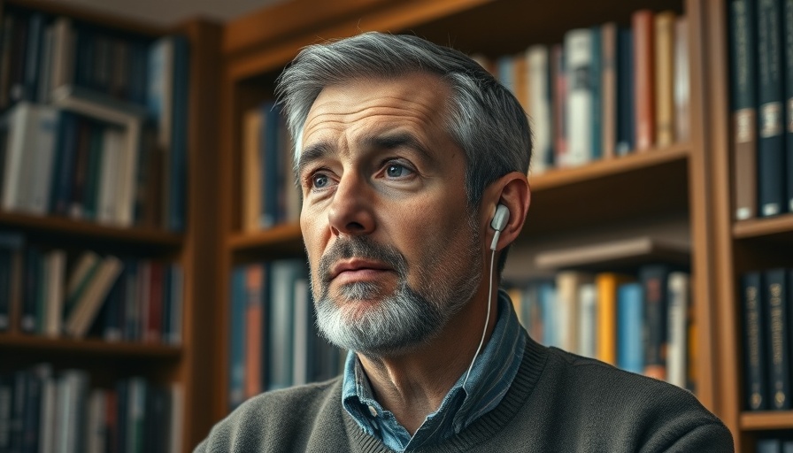 Middle-aged man speaking about emotions in a library setting.