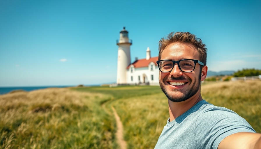 Cheerful man at a lighthouse for Maine Outdoor Adventures.