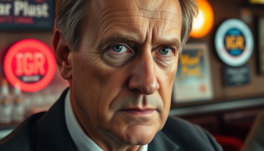 Close-up of candidate in political ad with text overlay, serious expression.