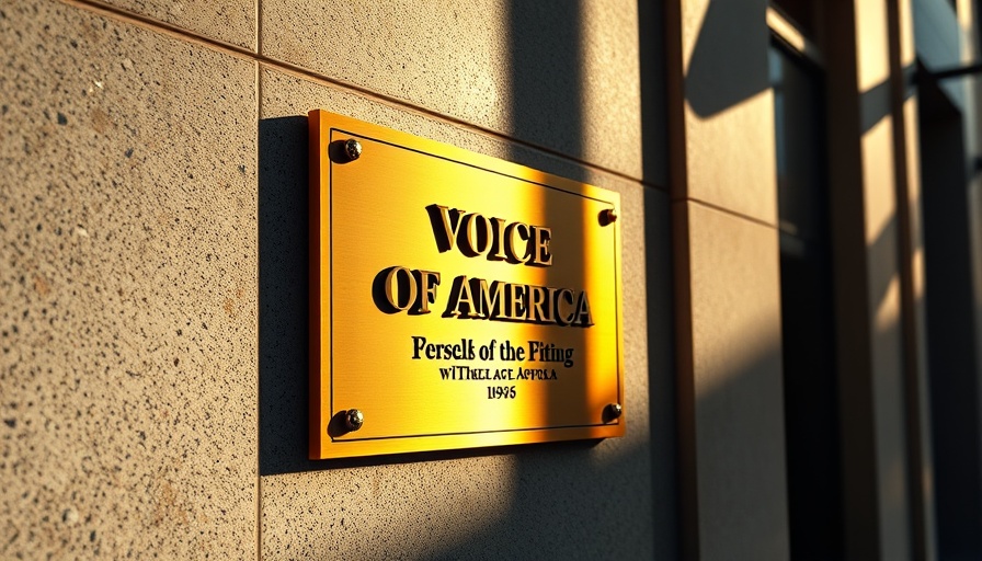 Voice of America sign on building related to lawsuit.