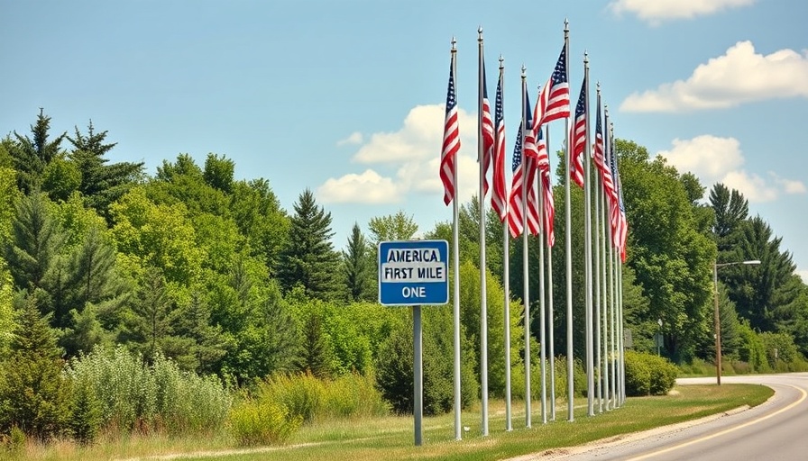 America's First Mile sign with flags on an Extreme Maine Road Trip.