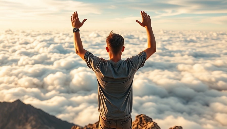 Man on mountain peak with arms raised, manifesting positivity.