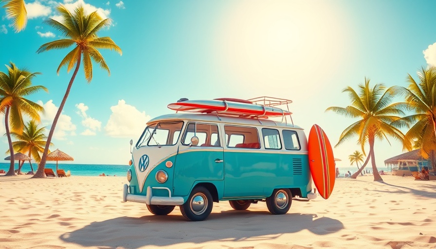 Colorful beach scene in Venezuela featuring a retro van and surfboards.