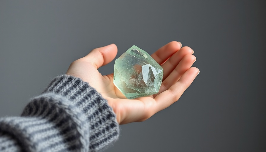 Fluorite crystal held by hand, calm focus, detailed close-up.