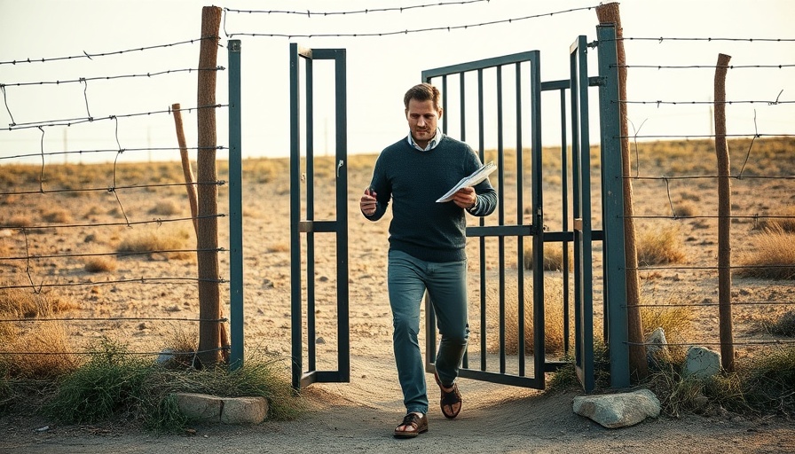 Man exiting fenced gate holding papers, Oscar-winning Palestinian director