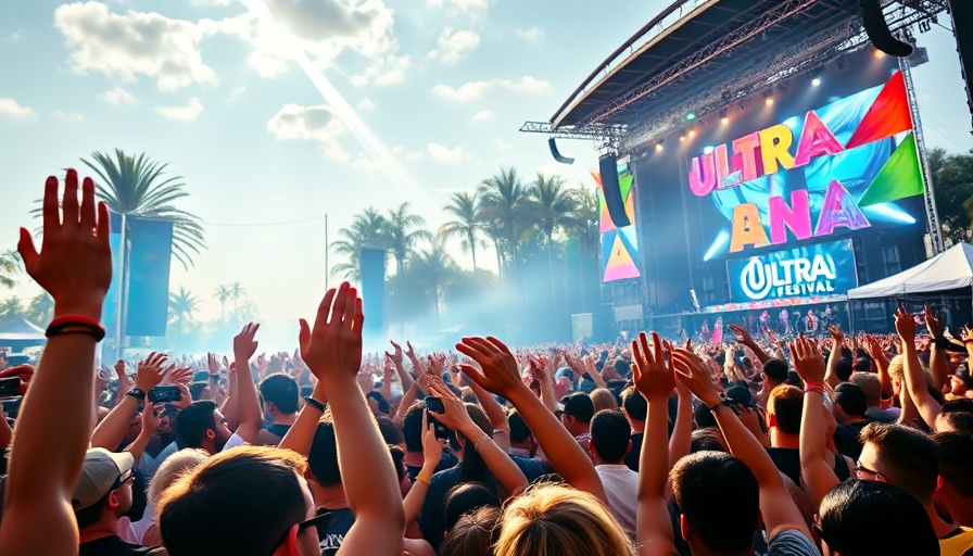 Energetic crowd at Ultra Music Festival Miami outdoor stage.