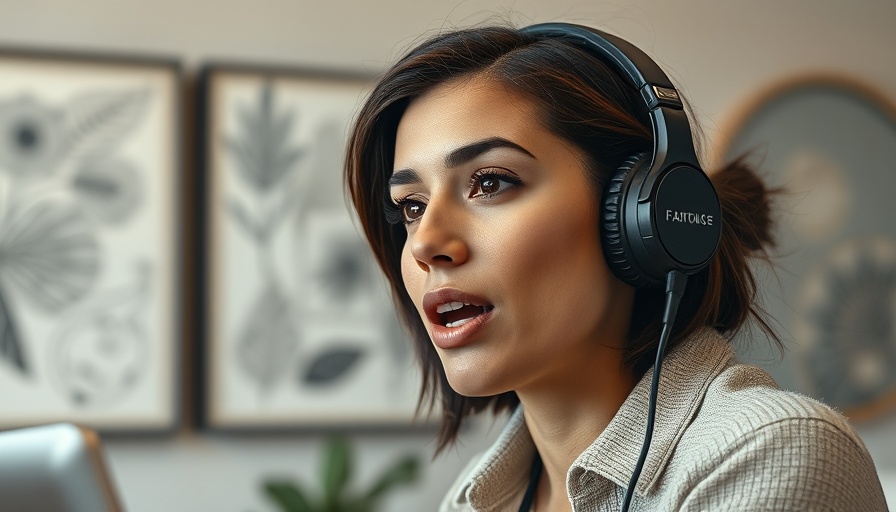 Focused woman discussing healthy and unhealthy stress, wearing headphones.