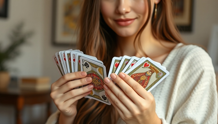 Woman holding cards for energy alignment in a serene indoor setting.