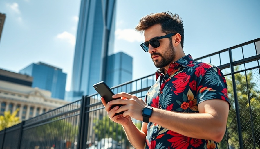 Man in colorful shirt checks smartphone on sunny Miami street.