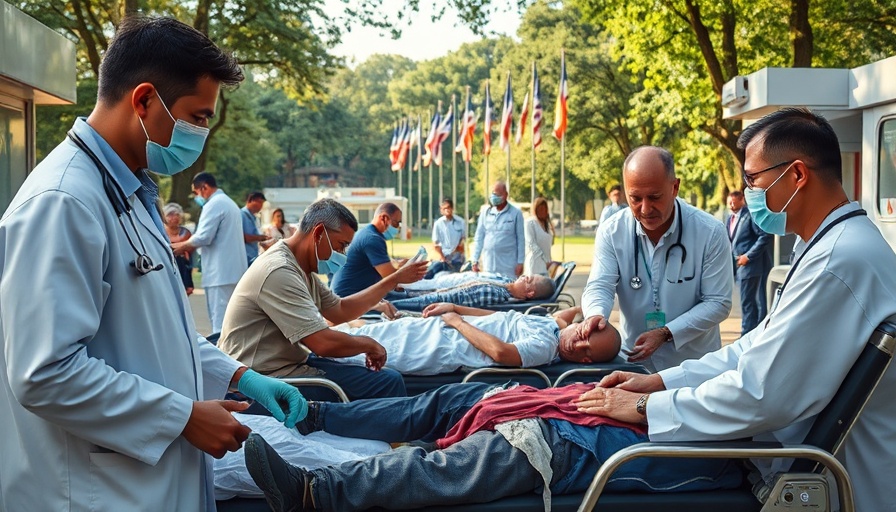 Emergency response to major earthquakes in Myanmar and Thailand depicted with outdoor patient care and medical staff.