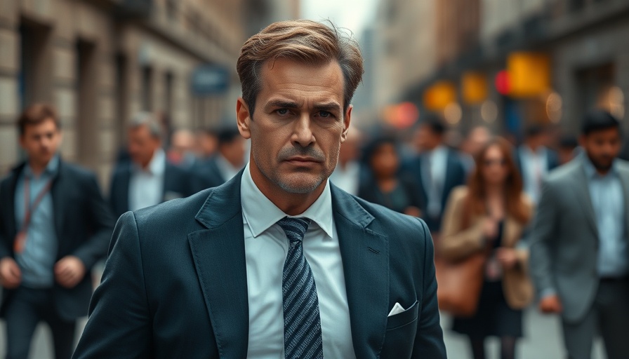 Man walking with determined expression in urban setting
