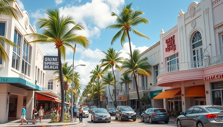 Lively street in Miami Beach during spring break with Art Deco buildings and cafes.