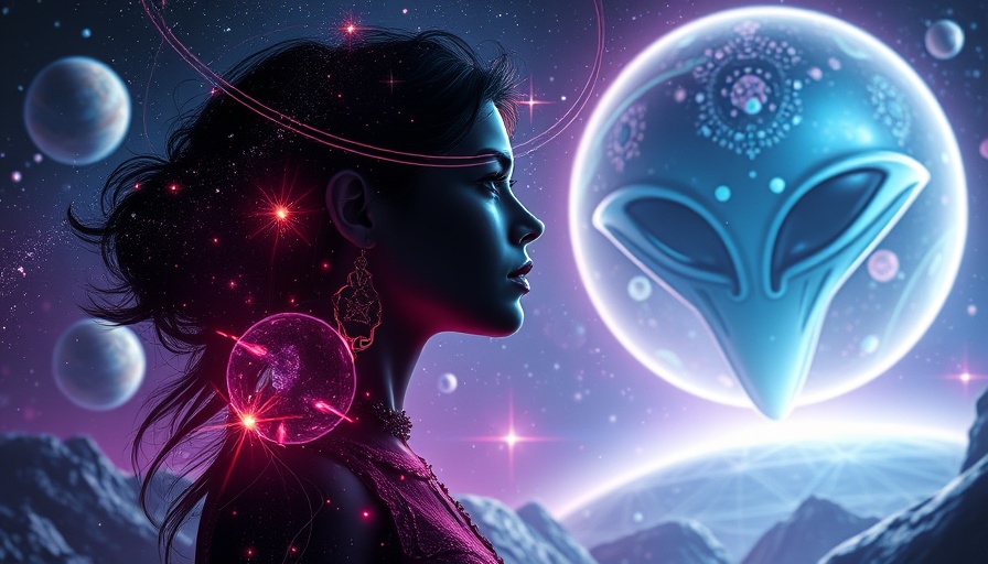 Ethereal figure in cosmic space with alien face, oversoul connection theme.