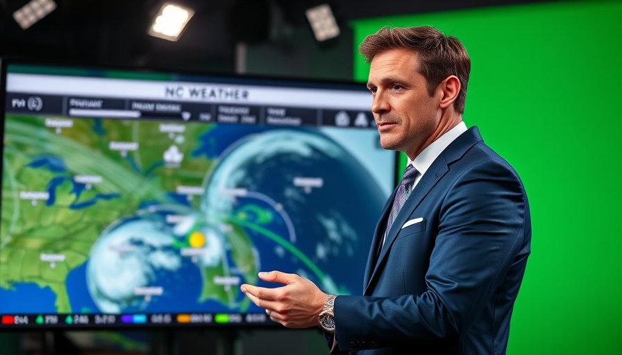 Weather presenter on Orlando news analyzing storm map.