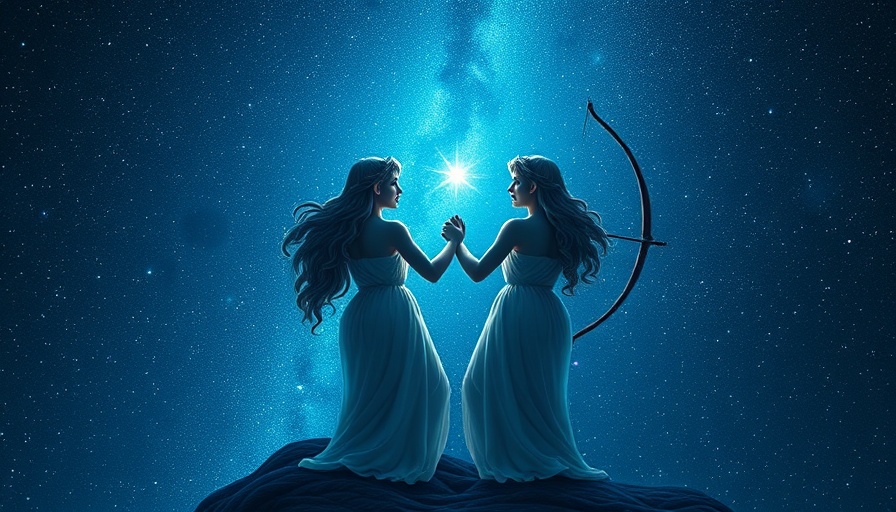 Gemini Twin Stars illustration with classical figures and starry background.