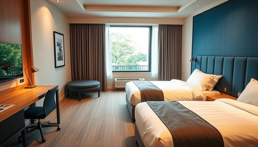 Modern hotel room with twin beds in warm beige and blue hues.
