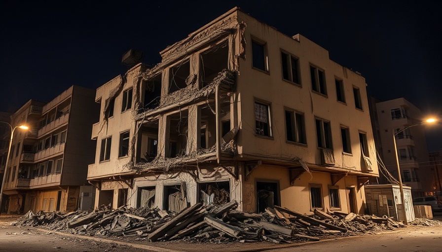 Building damaged in Israel airstrike on Beirut, night scene.