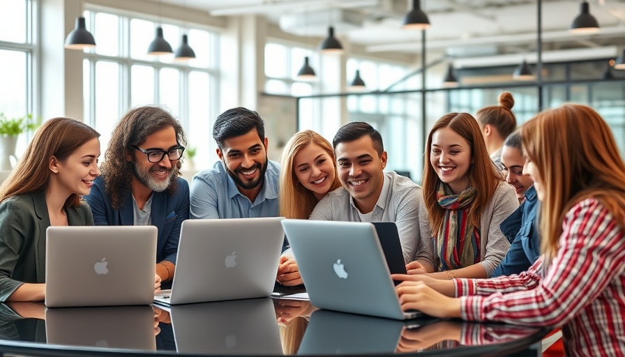 Diverse team collaborating in open office, engaged and focused.