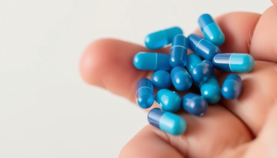 Hand holding blue pills, informative text on sex talk.