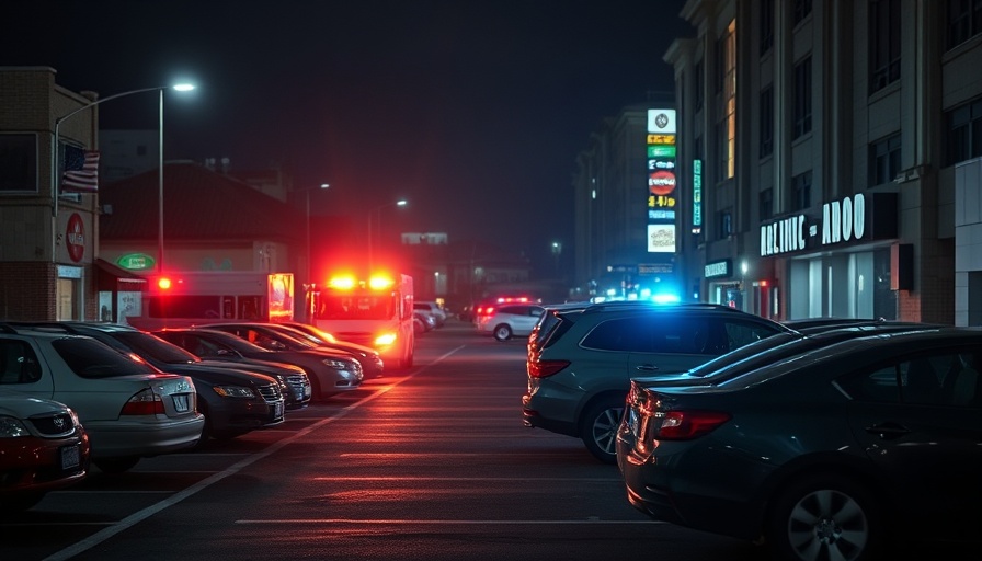 Parking lot scene with vehicles and emergency lights at night.