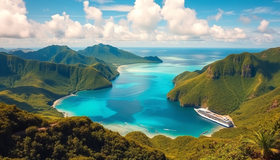 Scenic views of a tropical coastline with a cruise ship and lush mountains.