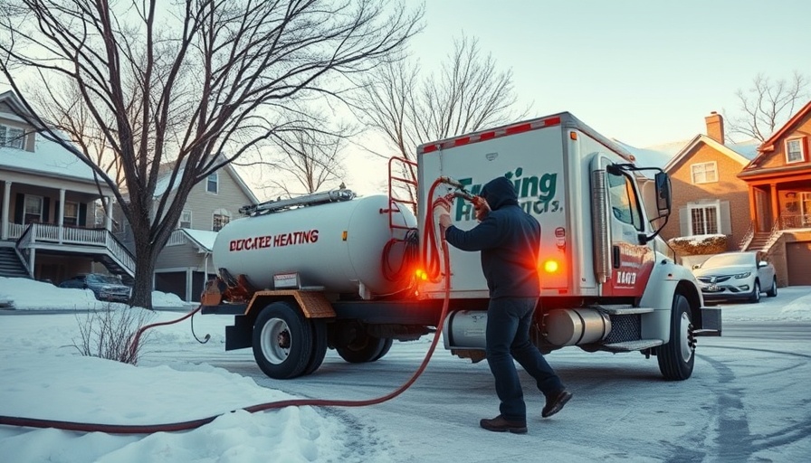 Truck driver delivering heating fuel in snowy neighborhood, Low Income Home Energy Assistance Program context.