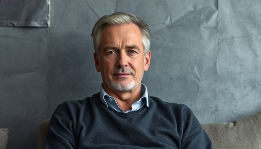 Calm man seated against gray background, subtle expression.