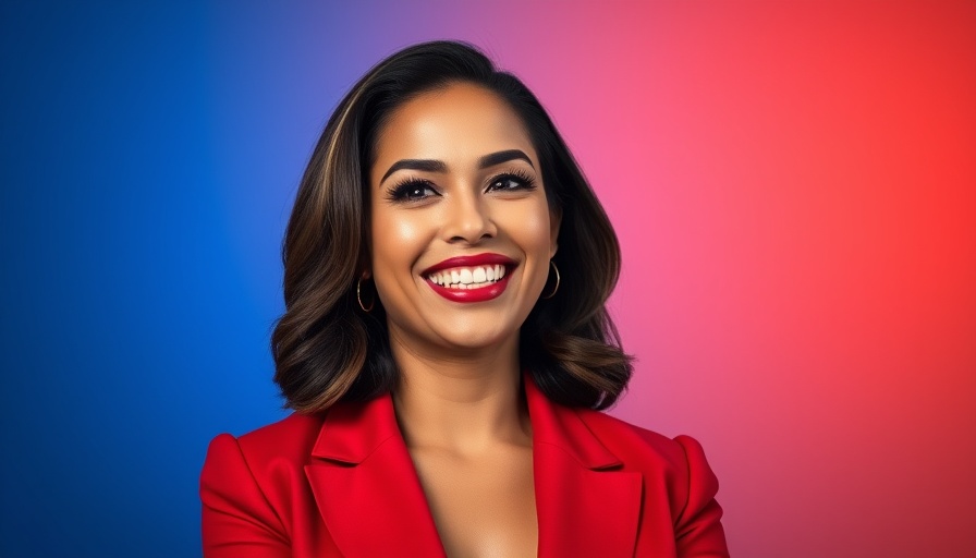 Confident woman discussing Law of Attraction in red blazer.
