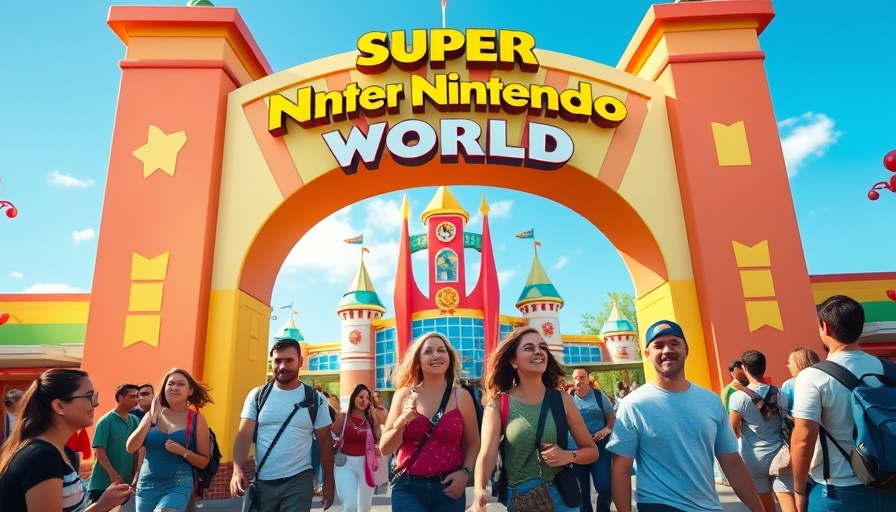 Visitors entering Super Nintendo World Orlando through an archway.